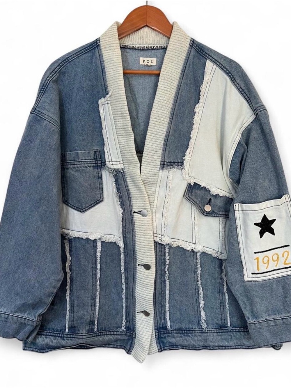 POL Oversized Patchwork Denim Jacket
Ribbed Knit Trim Star 1992 Size medium